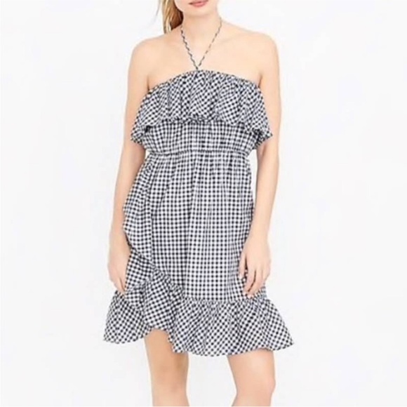 J.Crew Ruffle Halter Dress SZ S Black & White Gingham - Picture 2 of 16